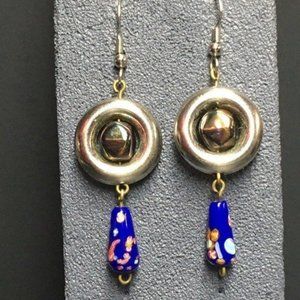 Dangle Pierced Earrings Blue Multicolor Mille Fleur Bead Ring Silver Retro BoHo